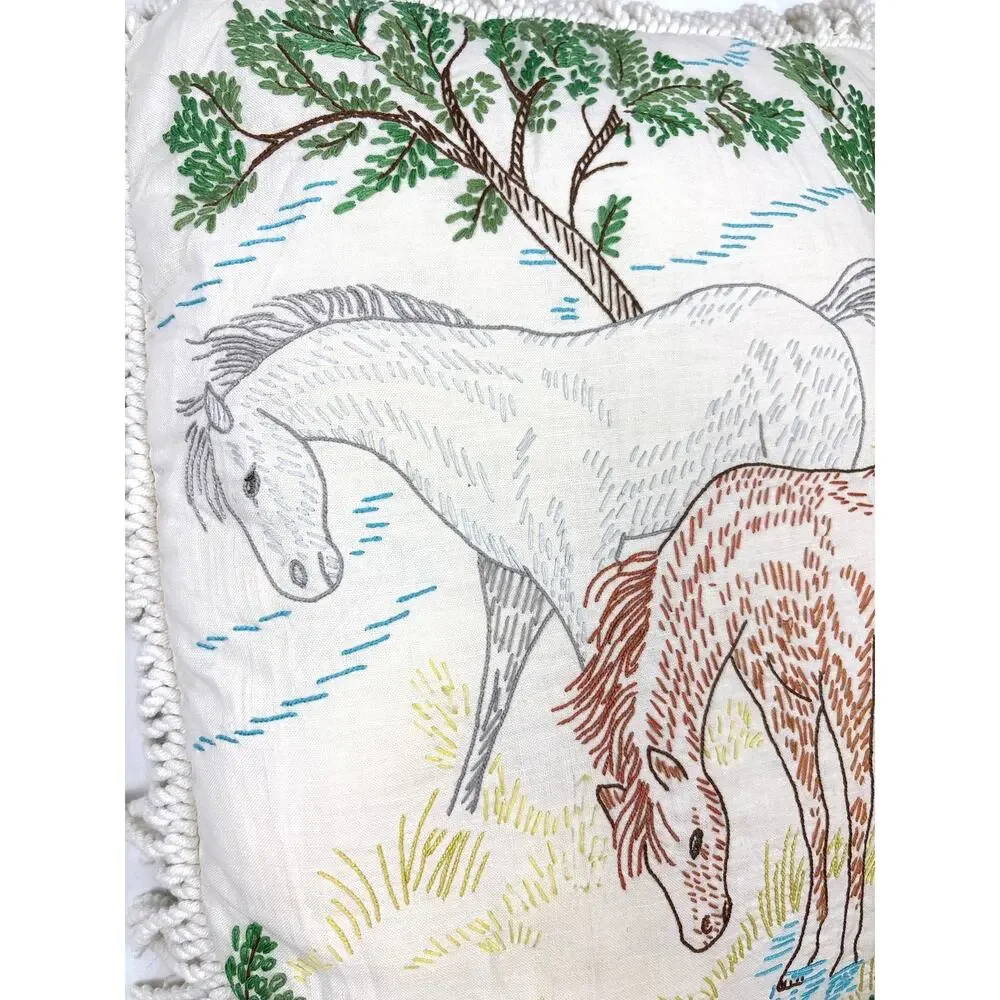 Hand-crafted Rustic Equestrian Fringed Throw Pillow Horse Design Vintage 1980s